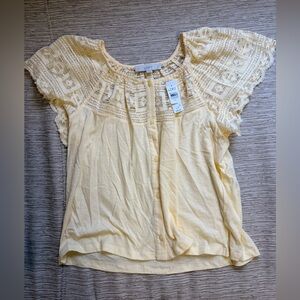 LOFT Pale Yellow Lace Yoke Button-Front Blouse